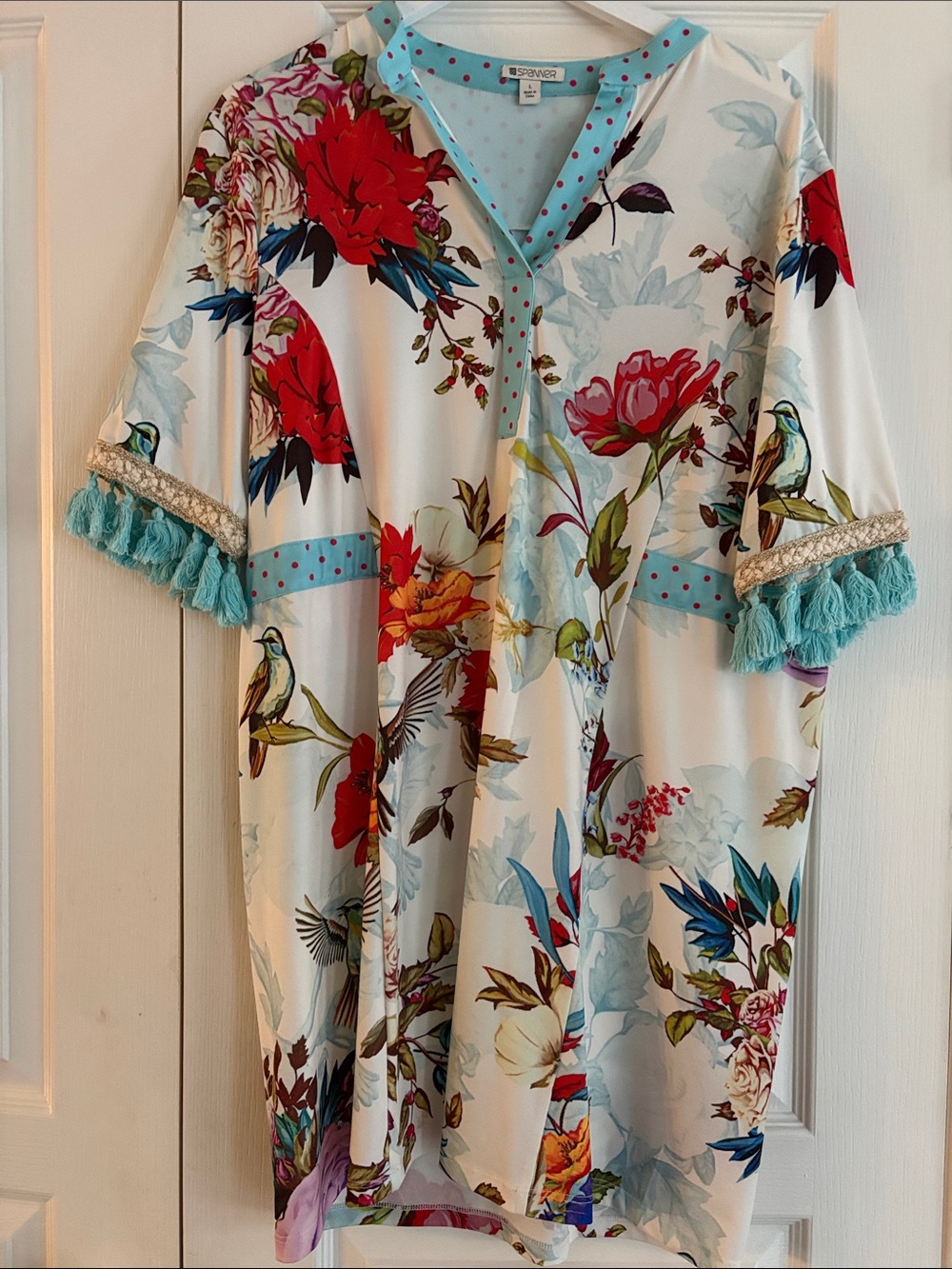 SPANNER Cream Floral Midi Dress with floral tropical print and tassels